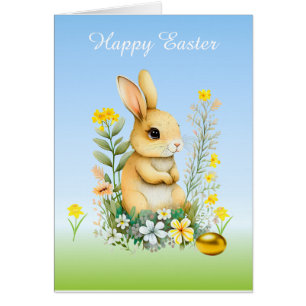 Osterhase, Blumen & goldenes Ei auf Hellblau