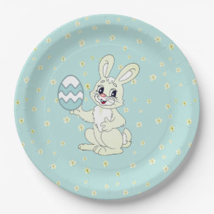 Osterhase & Blumenmuster auf Hellblau Pappteller