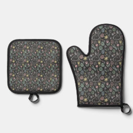 Osterhase-Doodle-Muster auf Schultafel Ofenhandschuh & Topflappen-Set