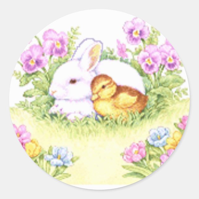 Osterhase, Duckings und Blume Runder Aufkleber (Vorderseite)