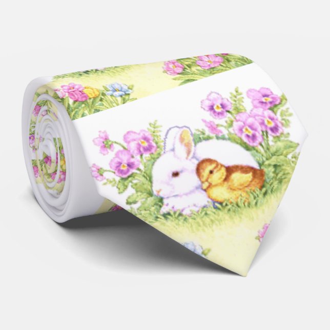 Osterhase, Entlein und Blumen Krawatte (Gerollt)