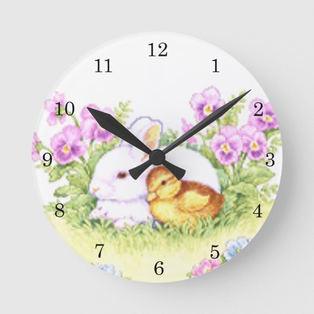 Osterhase, Entlein und Blumen Runde Wanduhr (Vorderseite)