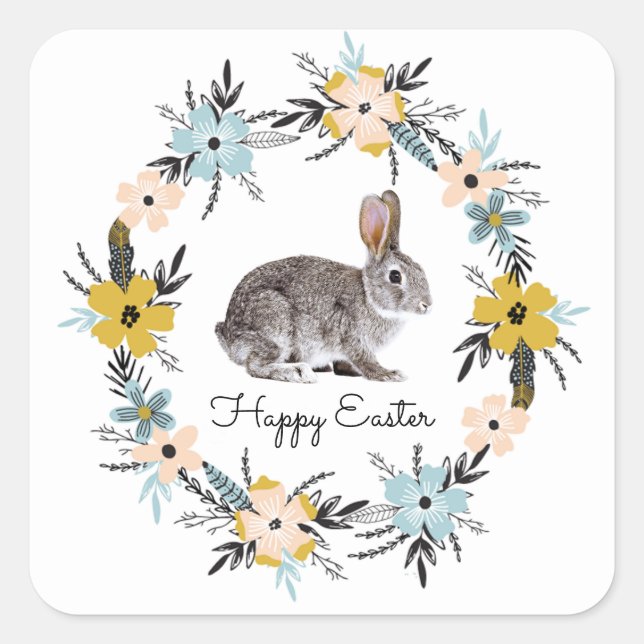 Osterhase & Frühlingsblumen Ostern Quadratischer Aufkleber (Vorderseite)