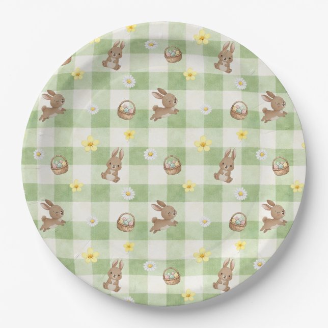 Osterhase Grün Gingham Pappteller (Vorderseite)