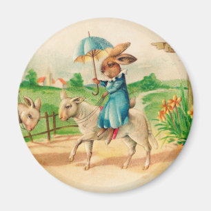 Osterhase Hase reitet Lämmer Grüße Magnet