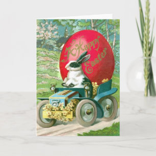 Osterhase im Auto fährt Osterei Karte Vintage