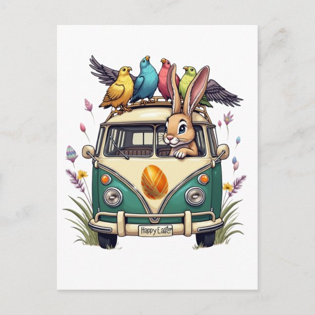 Osterhase im Bus mit Vogelfreunden - Frühjahr 2008 Postkarte (Vorderseite)