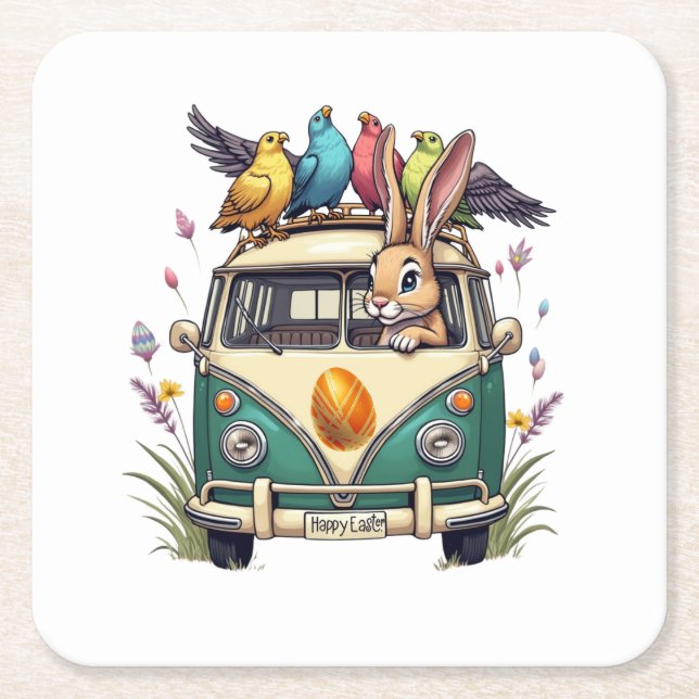 Osterhase im Bus mit Vogelfreunden - Frühjahr 2008 Rechteckiger Pappuntersetzer (Vorderseite)