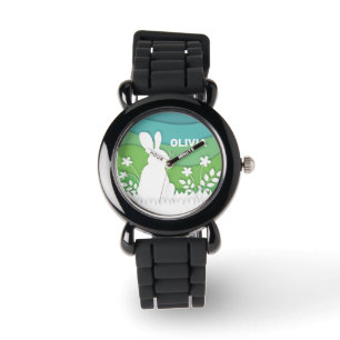 Osterhase im Cartoon, grüne Frühlingsnatur Armbanduhr