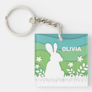 Osterhase im Cartoon, grüne Frühlingsnatur Schlüsselanhänger