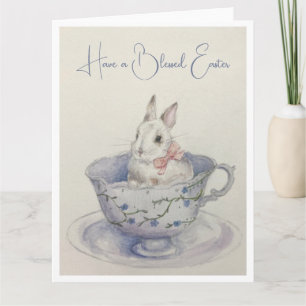 Osterhase im Teetassen-Faltgruß in Aquarell  Karte