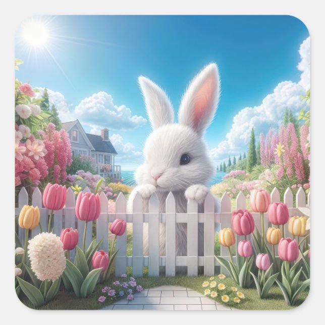 Osterhase im Tulip Garten Quadratischer Aufkleber (Vorderseite)