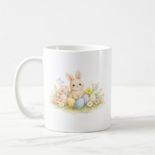 Osterhase im Wasserfarb-Stil mit Pastell-Eiern und Kaffeetasse