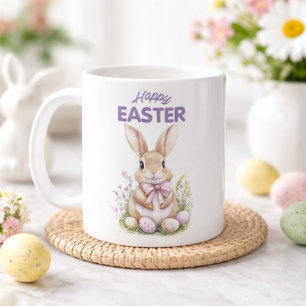 Osterhase im Wasserfarblook mit lila Blumen Happy Kaffeetasse