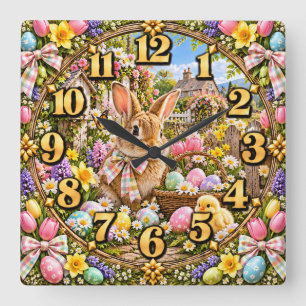 Osterhase & Küken Frühlingsgarten Quadratische Wanduhr