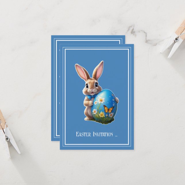 Osterhase mit blauer Schleife -  Einladung (Vorderseite/Rückseite Beispiel)