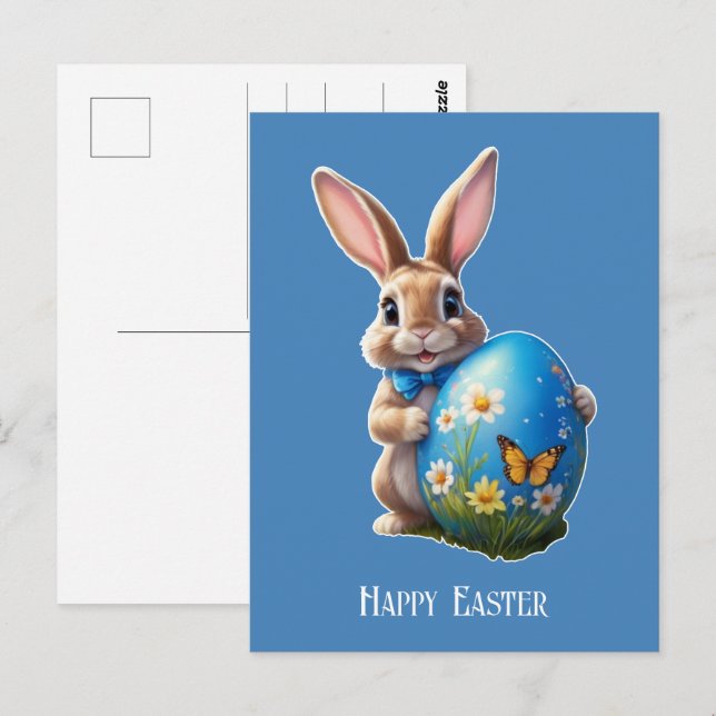 Osterhase mit blauer Schleife -  Postkarte (Vorne/Hinten)