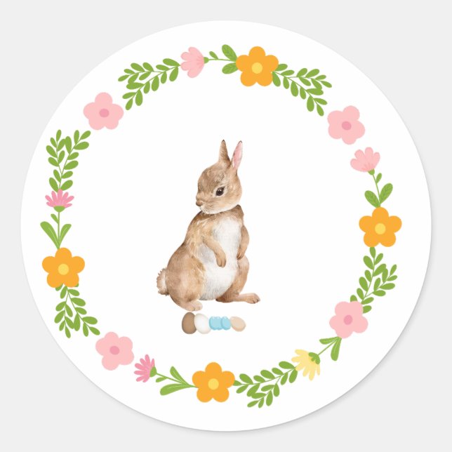 Osterhase mit Blume Runder Aufkleber (Vorderseite)