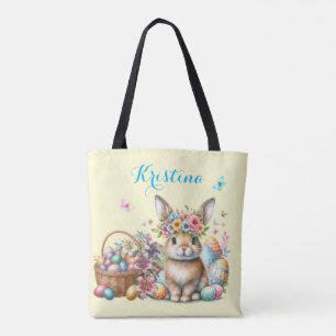 Osterhase mit Blumenkorb und gefärbten Eiern Tasche