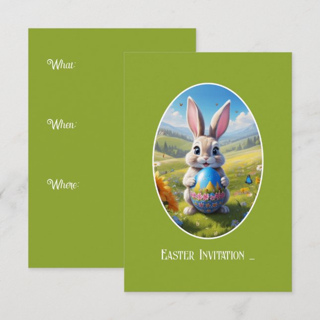 Osterhase mit Ei, Oval -  Einladung (Vorne/Hinten)