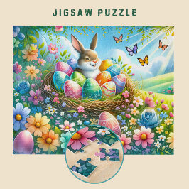 Osterhase mit Eiern im Blumengarten -