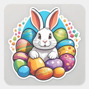 Osterhase mit Eiern. Quadratischer Aufkleber