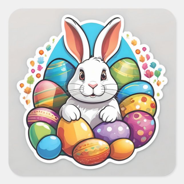 Osterhase mit Eiern. Quadratischer Aufkleber (Vorderseite)