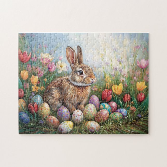 Osterhase mit farbenfrohen Tulpen Malerei (Horizontal)