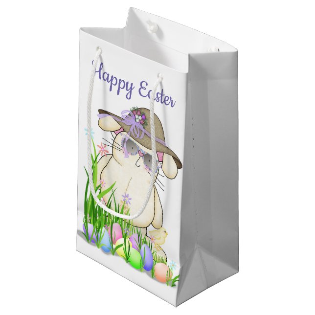 Osterhase mit farbigen Eiern Kleine Geschenktüte (Vorderseite Schrägansicht)