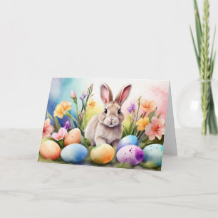 Osterhase mit Frühlingsblumen, bemalte Eier Feiertagskarte