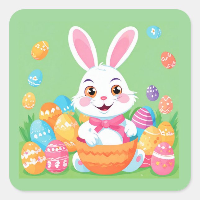 Osterhase mit Ostereier-Aufkleber Quadratischer Aufkleber (Vorderseite)
