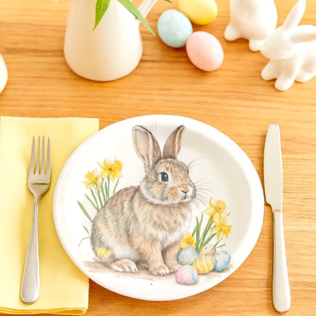 Osterhase mit Osterglocken Ostern  Pappteller (Darling Easter bunny paper plate, perfect for your holiday gatherings )