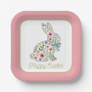Osterhase mit rosa und blauen Wildblumen Pappteller