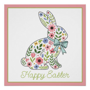 Osterhase mit rosa und blauen Wildblumen Poster