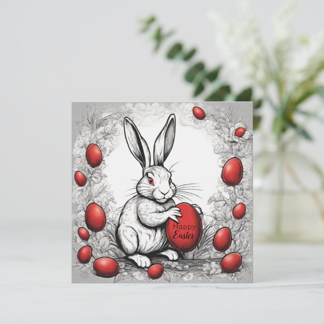 Osterhase mit rotem Ei Feiertagskarte (Stehend Vorderseite)