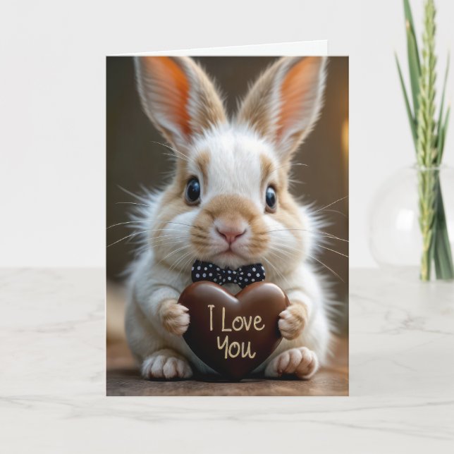 Osterhase mit Schokoladenherz Feiertagskarte (Vorderseite)