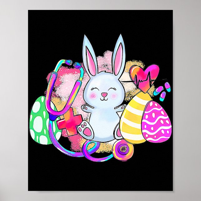 Osterhase mit Stethoskop und Ostereiern Poster (Vorne)