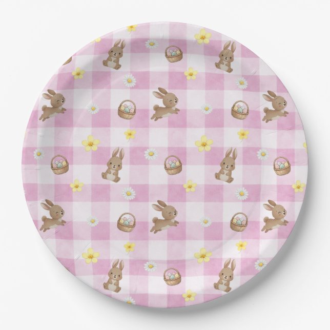 Osterhase Rosa Gingham Pappteller (Vorderseite)