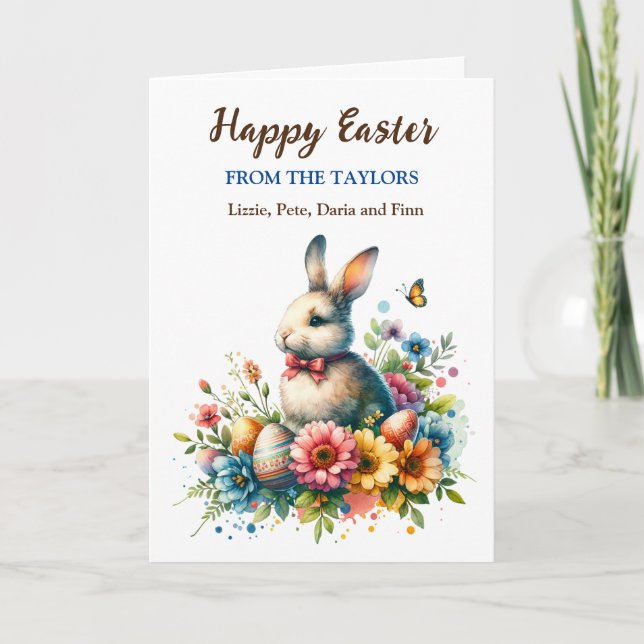 Osterhase, Schmetterlinge und Blume Personalisiert Karte (Vorderseite)
