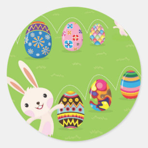 Osterhase spielerisch mit bemalten Eiern Runder Aufkleber