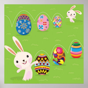 Osterhase spielerisch mit gemalten Eiern Poster