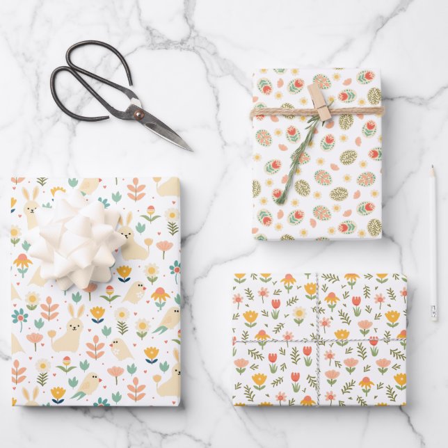 Osterhase und Blumen Frühjahr Geschenkpapier Set (Vorderseite)