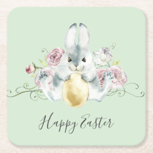 Osterhase und Blumen in Aquarell Rechteckiger Pappuntersetzer
