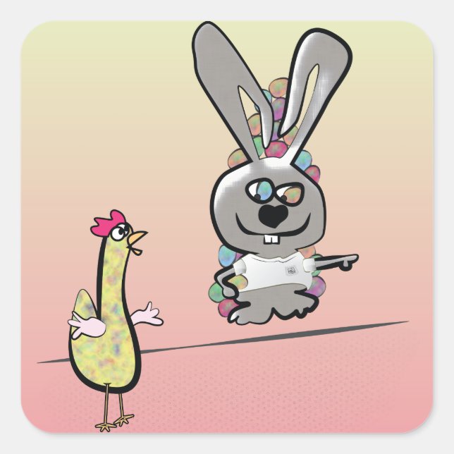 Osterhase und Hühner-Cartoon Quadratischer Aufkleber (Vorderseite)