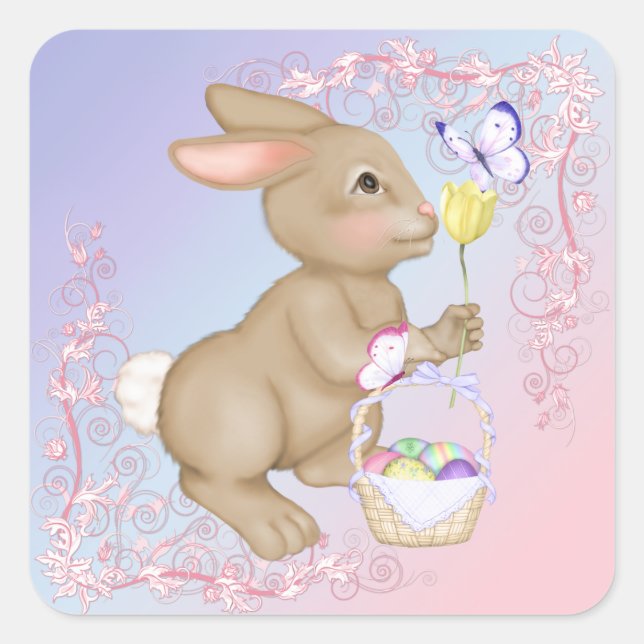 Osterhase und Korb Quadratischer Aufkleber (Vorderseite)
