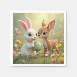 Osterhase und Reh in Wildblumen Serviette