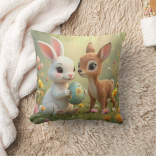 Osterhase und Rehkitz in Wildblumen Kissen