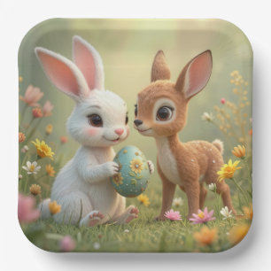 Osterhase und Rehkitz in Wildblumen Pappteller