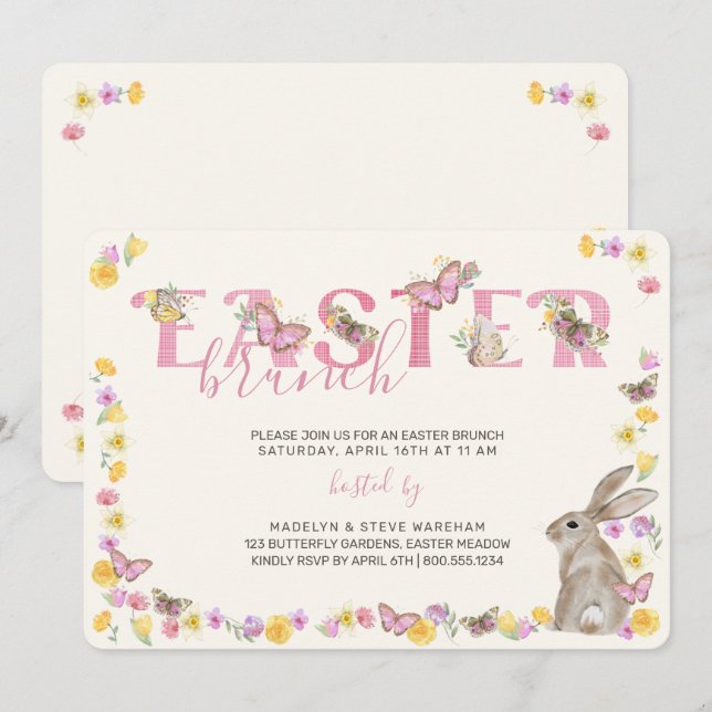 Osterhase und Schmetterling Dainty Floral Brunch Einladung (Vorne/Hinten)