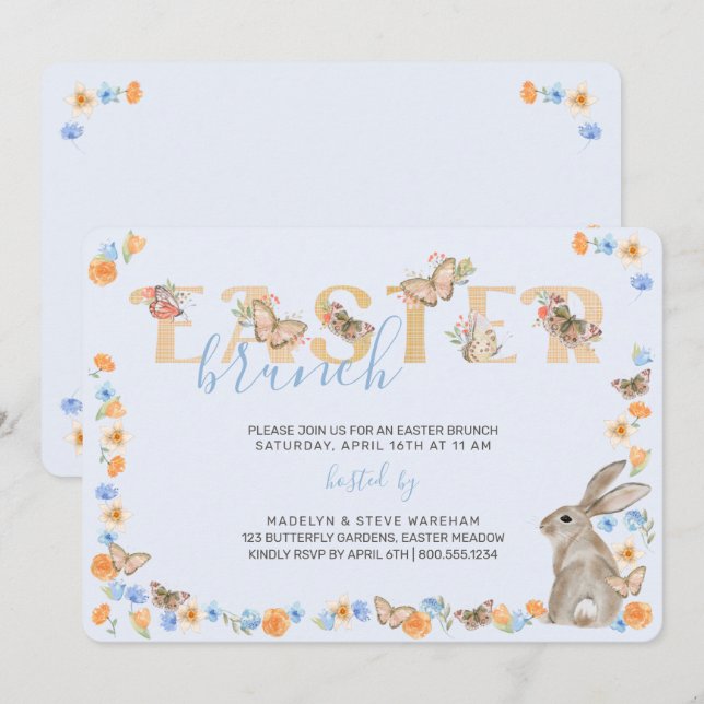Osterhase und Schmetterling Sweet Floral Brunch Einladung (Vorne/Hinten)